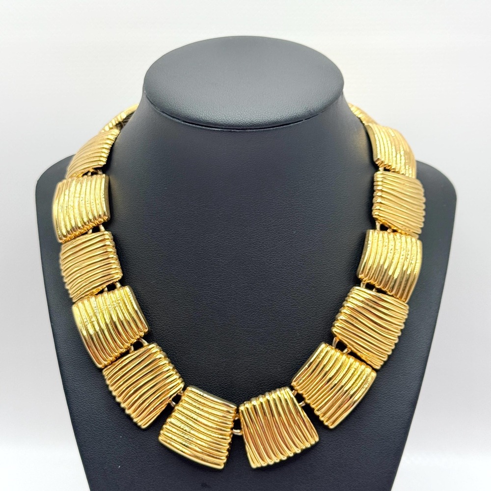 Vintage Chunky Statement 80s 90s Gold Tone Textured Square Link Necklace